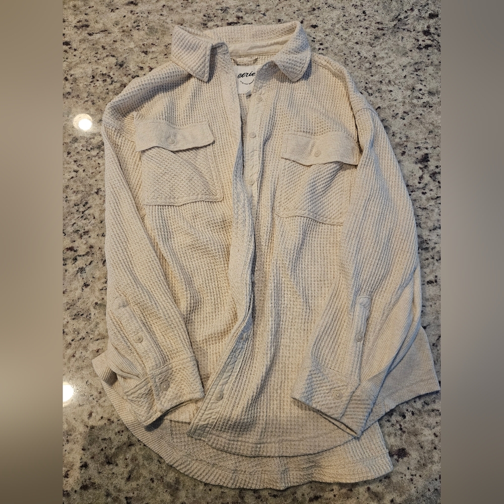 Aerie Beige Waffle Knit Oversized Shirt
